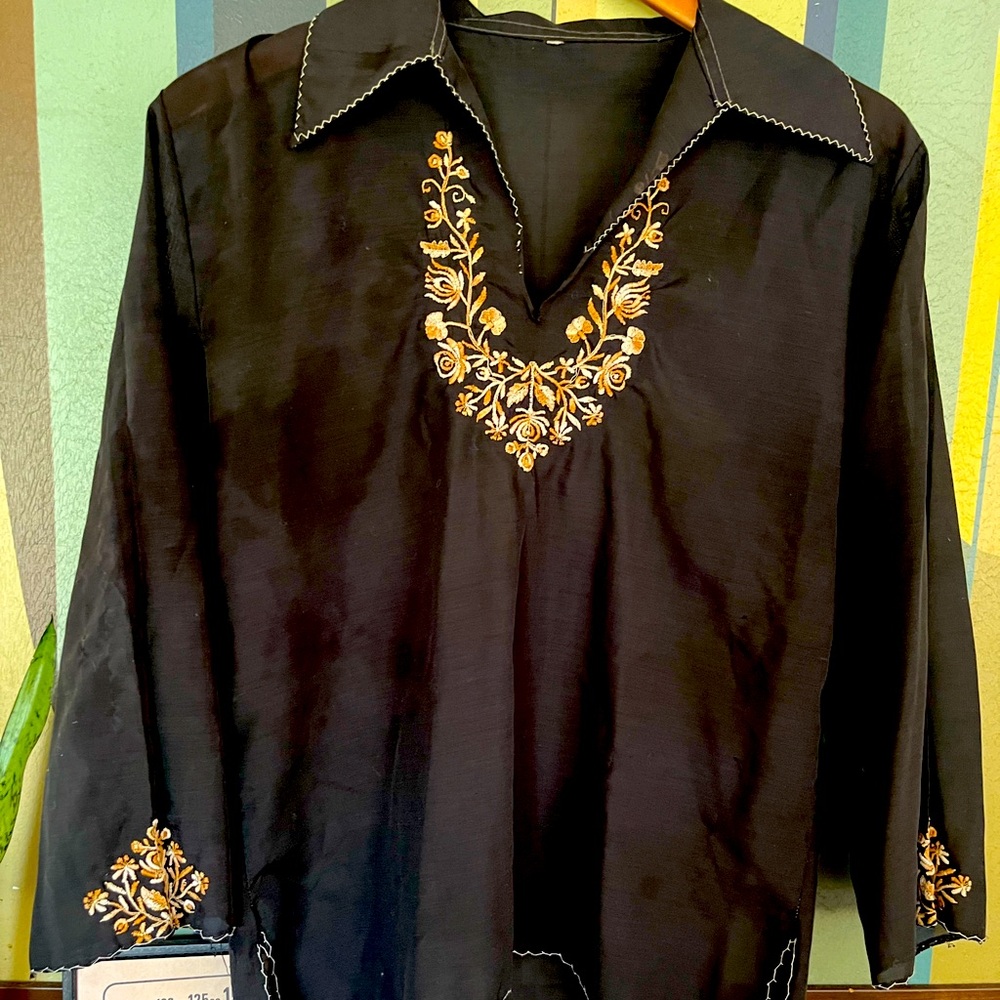Vintage black embroidered tunic style blouse.
